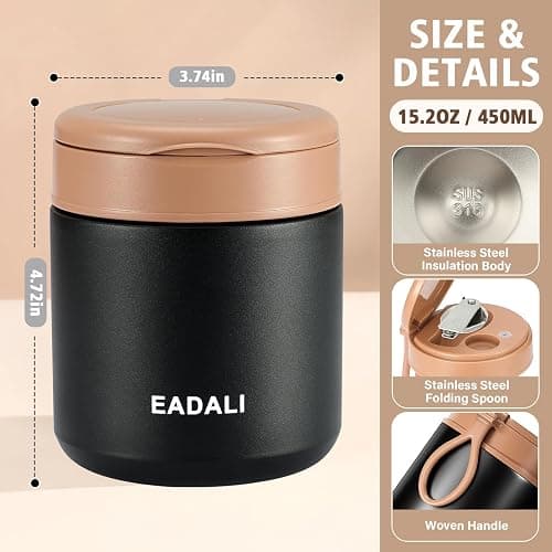 Eadali 15.2 oz Thermo Food Jar for Kids & Adults, Vacuum Insulated Lunch Container 316 Stainless Steel, Hot & Cold Soup Jar with Spoon, BPA Free & Leak Proof thumbnail 4