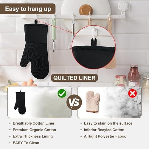Silicone Oven Mitts-13.6 in Extended Oven Mitts Heat Resistant 500F, Oven Gloves with Soft Liner Good Grippy BPA-Free Easy to Clean Flexible-Oven Mits Set for Cooking Baking Grilling BBQ-Black - Black thumbnail 6