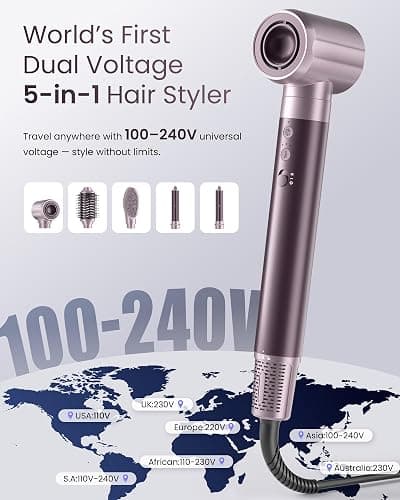 MESCOMB Dual Voltage Hair Dryer Brush - 5 in 1 Hair Styler for Travel | Drying, Curling, Straightening and Volumize with Auto-Wrap Curlers for Europe & Worldwide Use (100V–240V) Gift for Women thumbnail 2