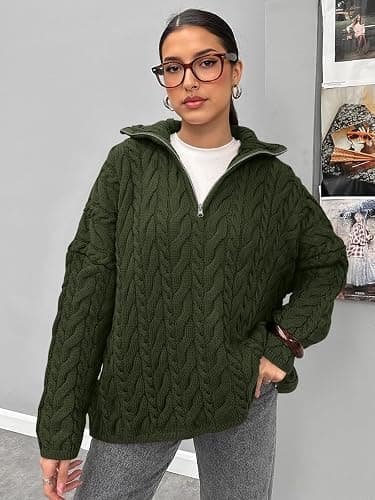 PRETTYGARDEN Womens Fall Sweaters 2025 Long Sleeve Quarter Zip Pullover Sweater Casual Loose V Neck Cable Knit Jumper Tops thumbnail 4