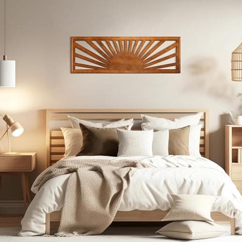 Burbell Sun Wall Art Decor 35'' x 12'' Large Boho Sun Wall Decor Wooden Horizontal Vintage Bohemian Hanging Rectangle Panoramic Above Bed Decoration for Bedroom Home(Dark Brown) thumbnail 5