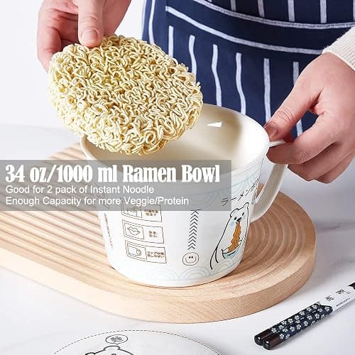 TOPWCK Cute Polar Bear Microwave Ceramic Ramen Bowl with Lid, soup bowls with handles, Gift for Noodle Lovers, ramen noodle microwave cooker, ramen gift Microwave and Dishwasher Safe (Polar Bear) thumbnail 3