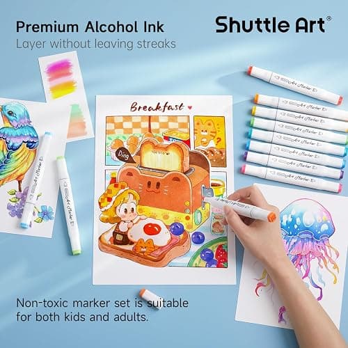 Shuttle Art 310 Colors Alcohol Markers, 309 Colors Dual Tip Art Marker Set Plus Colorless Blender, Micro-tip Pens, White Highlighter Pens, Marker Bag with Holders Perfect for Students Adults Coloring thumbnail 2
