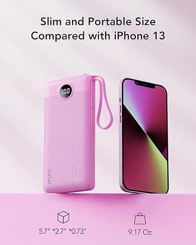 VRURC Portable Charger 10000mAh, Travel Essentials Battery Pack, 5 Output 2 Input Power Bank, Built-in Micro & USB C Cables Phone Charger Compatible with iPhone,Samsung,Android-Purple(1 Pack) thumbnail 6