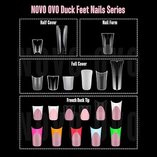 NOVO OVO Upgraded Extra Thick Short Duck Feet Nail Tips Full Cover for Press on Acrylic, Clear Pre-Etched Matter Flare Wide French Soft Gel Fake False Nail Extension Full Coverage x 12 Sizes 360 pcs thumbnail 7