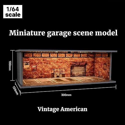 Display Case for Hot Wheels,Diorama 1/64 Scale Car Garage Model with LED Lights and Acrylic Cover, Stackable Car Parking Lot Model,Diecast Car Display Case (Vintage Garage) thumbnail 3