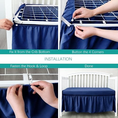 Biloban Crib Bed Skirt Navy 4 Sides Pleated Dust Ruffle Adjustable Fit Standard Crib Toddler Bed Skirts for Baby Boy or Baby Girl Crib Bedding, Navy Blue Crib Skirt Machine Wash thumbnail 3