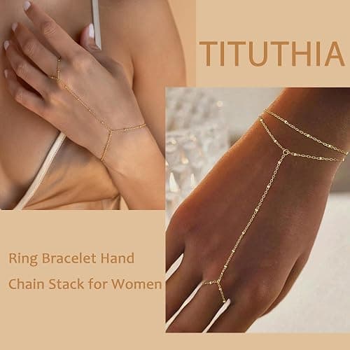 Tituthia Gold Bracelets for Women Trendy, Dainty Gold Hand Chain Bracelet Stack 14k Gold Plated Finger Ring Bracelet Hand Chain Cz Layered Beaded Gold Bracelets for Women Non Tarnish Gold Jewelry Gift thumbnail 5