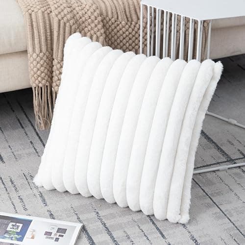 ZLINA Set of 2 Cream White Faux Fur Decorative Throw Pillow Covers Fluffy Striped Pillowcase Cushion Covers 18 x 18 Inch Decor Sofa Couch Bedroom thumbnail 6