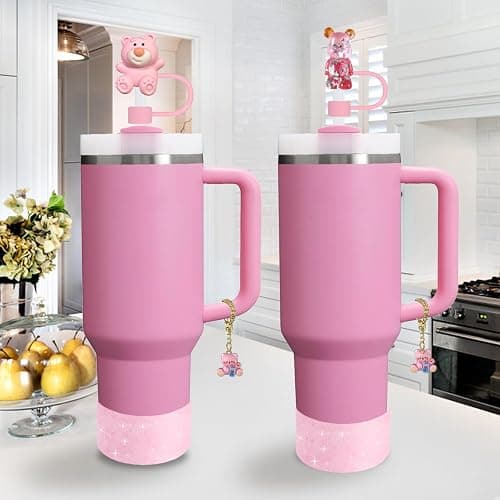Stanley Cup Accessories Set,Including 2 Pcs 0.4in Straw Cover, 1 Silicone Spill-Proof Stopper Set of 3, 1 Cute Bear Handle Charm, 1 Silicone Boot Fits Stanley 40&30 Oz Tumbler (Peony) thumbnail 2