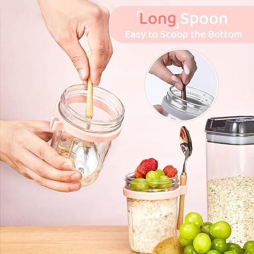 HomArtist Glass Overnight Oats Containers with Lids and Spoon, 16oz Wide Mouth Mason Jars for Overnight Oats, Cereal, Yogurt, Salad Lunch Container with Measurement Marks - Pink 4 Pack thumbnail 5
