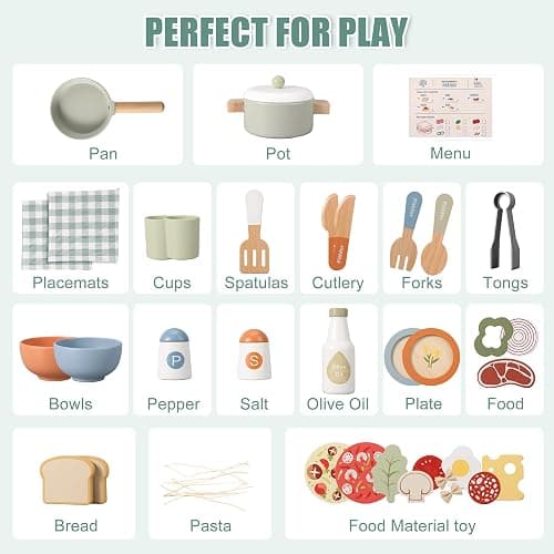 Pithfor Wooden Play Cooking Set, Pretend Play Kitchen Accessories Toys Set for Kids Toddlers, Including Play Dishes, Pot and Pan, Utensils, Gifts for 3 4 5 Years Old Girls Boys thumbnail 6