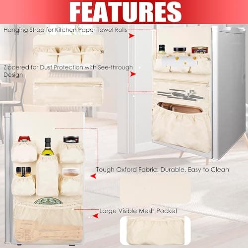 ChezMax Mini Fridge Organizer Dorm Essentials - Over the Fridge Caddy Organizer, Dorm Room Storage, Mini Refrigerator Dust Cover Top with 12 Extra Large Fabric Pockets for Office Kitchen Home, White thumbnail 4