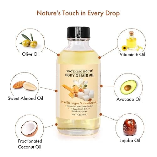 Soothing House Vanilla Sugar Sandalwood Body & Hair Oil – Inspired Warm Gourmand Scent – Hydrating & Nourishing Oil for Skin, Hair & Cuticles – Lightweight, Fast-Absorbing, 4 fl oz thumbnail 4