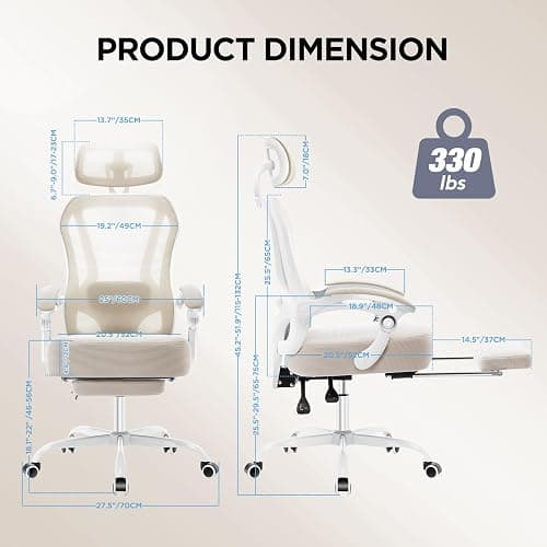 Ergonomic Office Chair with Footrest,Ultra Thick Reclining Desk Chair with Adjustable 2D Lumbar Support and Headrest,Spring Cushion,High Back Premium Mesh Computer Chair,Cream thumbnail 2