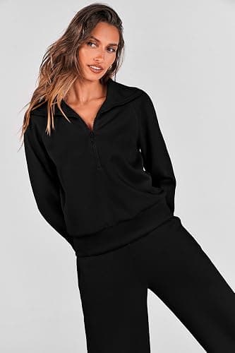 PRETTYGARDEN Women's 2 Piece Outfits Casual Lapel Half Zip Sweatshirts and Wide Leg Pants Tracksuit Sets thumbnail 6