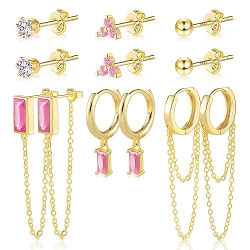 BOUTIQUELOVIN 14K Gold Stud Earrings Set for Women, for Multiple Piercing 925 Silver Plated Studs Earrings and Zirconia Earring Set Small Huggie Hoop Chain Earing - Image 1