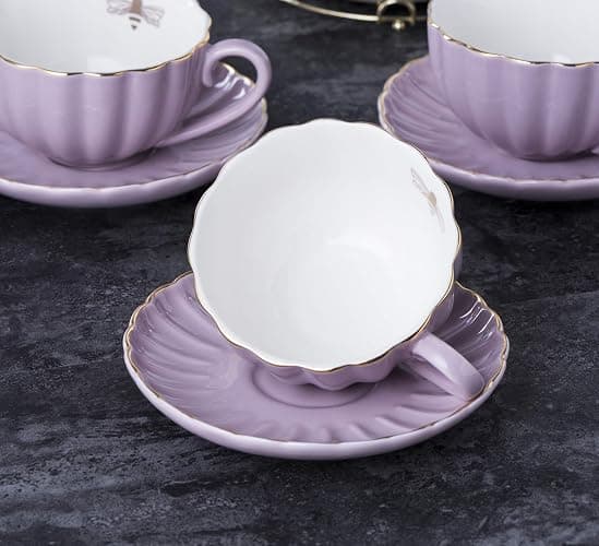 Jusalpha Porcelain Tea Set- 8 OZ Coffee/Teacup, Saucer, Cup Holder, Purple | 17-Pieces, Serve of 4- included Teapot, Creamer set, Spoons and Cup holder Stnad (FD-TW17PC SET, Purple) thumbnail 2
