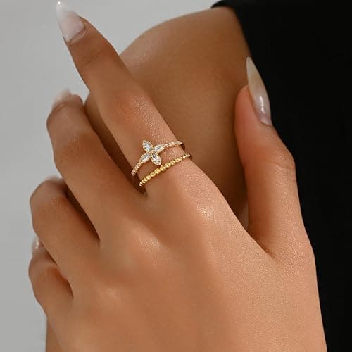 Jewigo Open Stackable Rings for Women 18K Gold Plated Dainty Cubic Zirconia Wave Cuban Link Chain Flower Feather Hollow Out Adjustable Stacking Rings Wedding Jewelry Gifts thumbnail 2