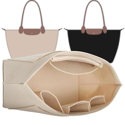 Doxo Felt Purse Organizer Insert for Longchamp Le Pliage Large Bag, Beige | Anti-Pilling Felt Longchamp Organizer Insert, 8 Pockets, Cup Holder, YKK Zipper, Protects Interior, Lightweight Tote Insert - Image 1