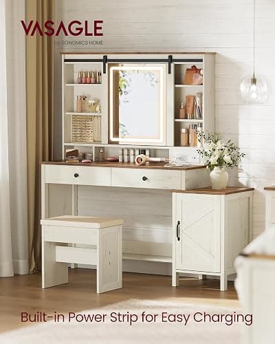 VASAGLE LIRY Collection - Vanity Desk with Mirror and Lights, Farmhouse Makeup Vanity with Stool, Charging Station, 2 Drawers, Jewelry Storage, for Bedroom, Rustic White and Honey Brown URDT135W01S thumbnail 2