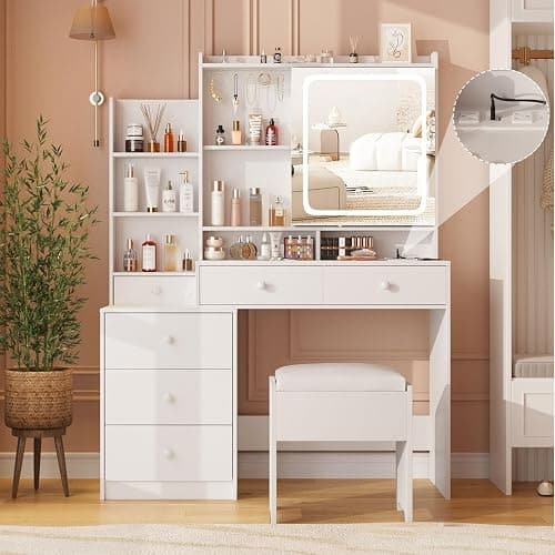 Vabches Vanity Makeup Mirror Desk with Stool,Makeup Vanity Set with 6 Drawers and Shelves,Vanity Table with Power Strip,Vanity Mirror 3 Lighting Color Adjustable,White - Image 1