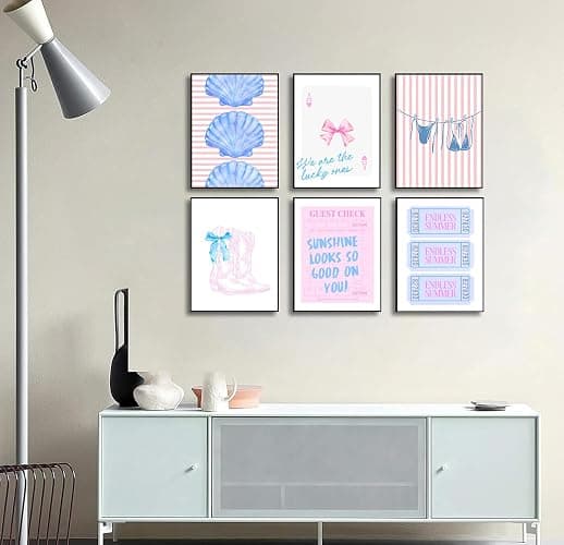 Qenundme 6pcs Coastal Coquette Wall Art Trendy Blue Pink Preppy Wall Decor Coastal Cowgirl Prints Ocean Pictures Beachy Aesthetic Painting Girl Dorm Room College Apartment 8x10 Inch Unframed thumbnail 5