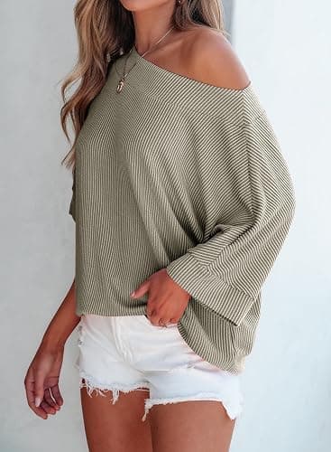 EVALESS Sexy Off The Shoulder Tops for Women 3/4 Length Sleeve Womens Tops Spring Fall 2026 Boat Neck One Shoulder Shirts thumbnail 3