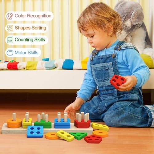 PEBIRA Montessori Toys for 1 to 3-Year-Old Boys Girls Toddlers, Wooden Sorting & Stacking Toys for Toddlers and Kids Preschool, Educational Color Recognition Shape Sorter, Learning Puzzles Gift thumbnail 6