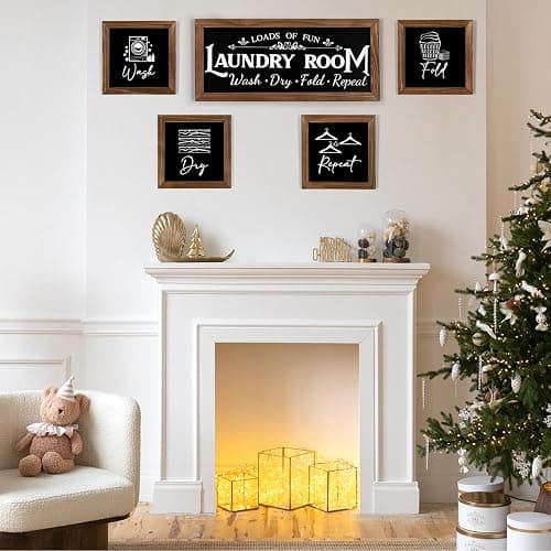Laundry Room Wall Decor Set of 5 - Farmhouse Wood Signs with Wash Dry Fold Put Away, Rustic Laundry Room Art with Wood Frame Decorative Room Sign thumbnail 2