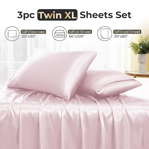 Sasttie Satin Sheets Twin XL - 3 Pieces Luxury Soft Pink Silky Bed Sheets Set with Pillowcases - Smooth Silk-Like Darp Satin Fabric, Reinforced 14 Inches Pocket, Oeko-Tex Certified thumbnail 6
