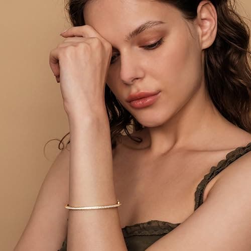 PAVOI 14K Gold Plated Cubic Zirconia Bangle Tennis Bracelets for Women | Classic Love Cuff Bangle Bracelets thumbnail 3