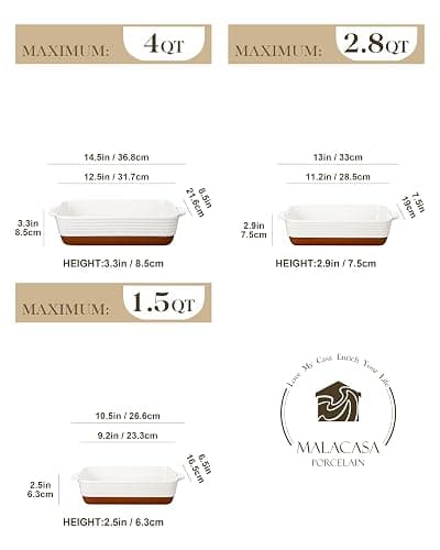 MALACASA Casserole Dishes for Oven, Ceramic Baking Dishes Set of 3, Baking Pan Casserole Dish Set, Rectangular Lasagna Pan Deep with Handles for Baking, Khaki White (14.5''/13''/10.5''), Series TARA thumbnail 3