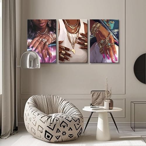 NCYEL 3Pcs Black Girls Wall Art African American Fashion Canvas Print Luxury Shiny Picture Gold Jewelry Decorative Prints Posters Bedroom Living Room Salon Artwork 12X16Inch thumbnail 3