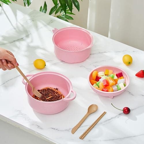 Romooa 1 Set Large 45oz Cute Ramen Bowl Set Microwavable Pig Ramen Noodle Cooker Wheat Straw Bowl with Strainer Lid Spoon Chopsticks Fork Back to School Gift for Dorm College (Pink) thumbnail 2