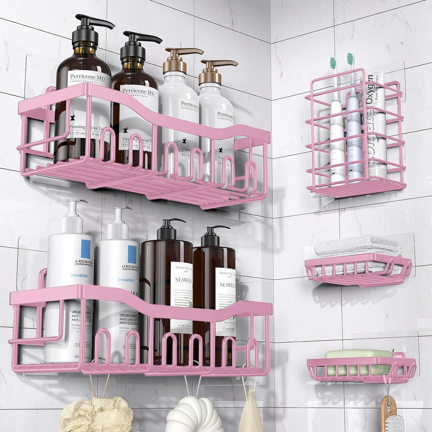 Yimoshan Adhesive Shower Caddy, 5 Pack Rustproof Stainless Steel Bath Organizers With Large Capacity, No Drilling Shelves for Bathroom Storage & Home Decor (Pink) - Image 1