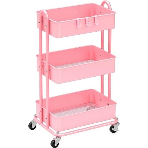 Simple Houseware 3-Tier Heavy Duty Metal Utility Rolling Cart, Pink - Image 1
