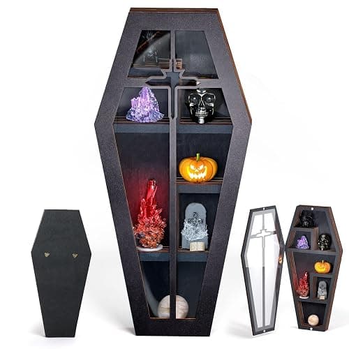 Qmetalart Coffin Shelf with Acrylic Dust Cover, Wooden Gothic Decor for Display or Storage Rocks Mini Figures, Cross Cut-Out Design, Wall Hanging & Tabletop Crystal Display Shelf Gothic Home Decor - Image 1