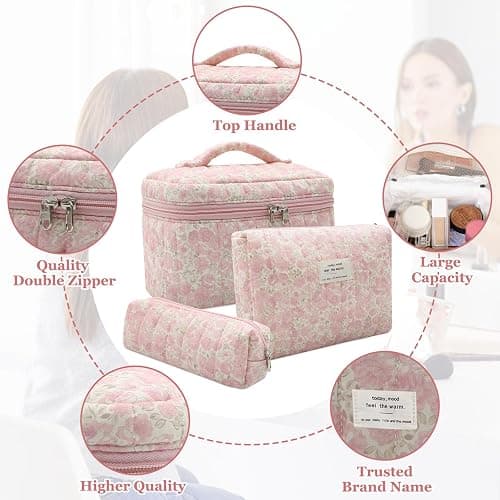 3pc Makeup Bag Set, Quilted Makeup Bag Set, Large Floral Cosmetic Bag for Women, Cute Cotton Makeup Bags, Flower Travel Toiletry Organizer Bag (Pink Crushed flower) thumbnail 4