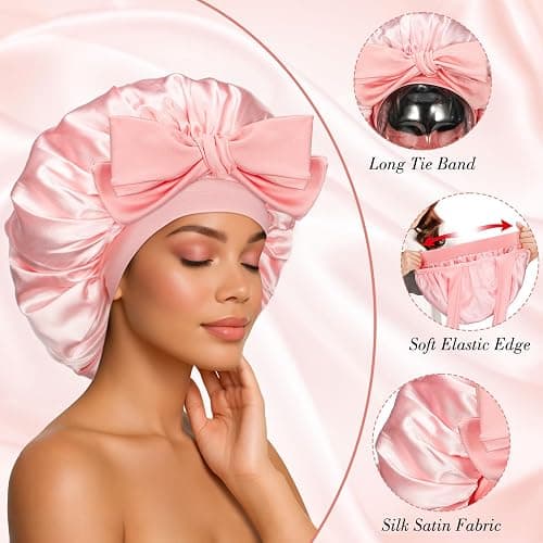 Double-Layer Satin Silk Sleep Bonnet for Women with Adjustable Tie Band - Hair Protection for Curly Natural Wavy Hair - Includes 1 Free Silk Hair Scrunchies, Pink Birthday Mothers Day Gifts thumbnail 4