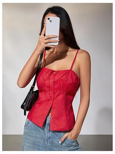 SOLY HUX Women's Tie Front Button Down Cami Top Y2k Spaghetti Strap Bustier Corset Tops Camisole thumbnail 4