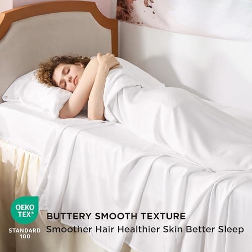 Bedsure Cooling Sheets Twin XL, Rayon Derived from Bamboo, PureWoven, Breathable & Soft Twin XL Sheet Sets, Deep Pocket Up to 16 Inches, Hotel Luxury Silky Dorm Bedding for Hot Sleepers, White thumbnail 4