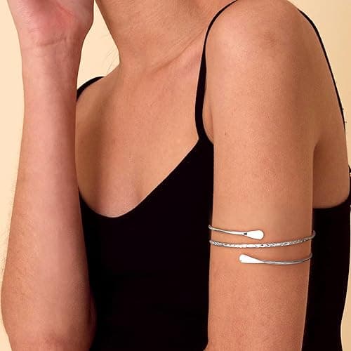 FUNRUN JEWELRY Arm Cuff Upper Arm Band for Women Gold Arm Cuff Bangle Bracelets Adjustable Coil Swirl Armlet ArmBand Jewelry,3-4Pcs - A:Silver tone thumbnail 4