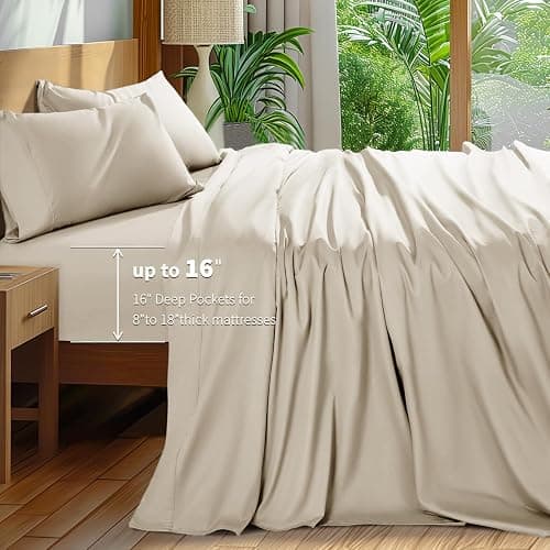 Shilucheng 100% Cotton Queen Size Sheets Set - 600 Thread Count，Luxury Egyptian Cotton Bed Sheets，5-Star Hotel Quality Sheets, Breathable & Cooling, 16 Inch Deep Pocket - 4 Piece (Cream, Queen) thumbnail 7