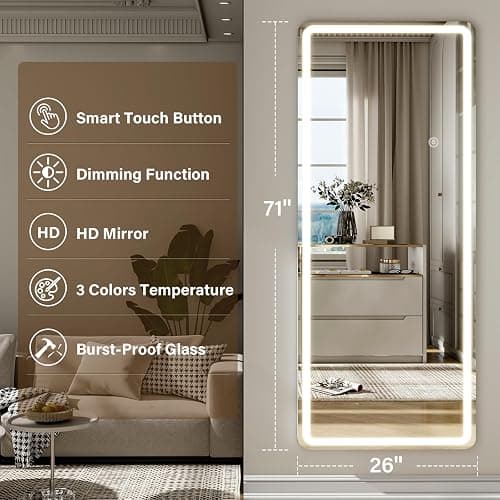ZENOMIRRIS LED Full Length Mirror with Lights - 71"x26"Floor Standing Mirror with Rounded Corner Dimmable 3 Color Lighting, Aluminum Frame,Leaning Hanging for Bedroom Cloakroom, White thumbnail 3