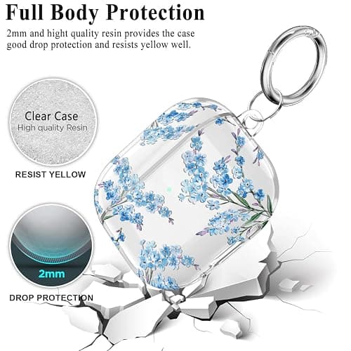 Case for AirPods 4 - Wonjury Clear Case Cover Floral Print Skin Women Girls Keychain Cleaner Tool for Apple Airpods 4th 2024 - Flower Blue thumbnail 6