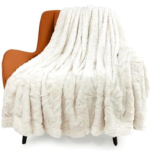 TOONOW Faux Fur Luxury Throw Blanket,Double Side Soft Fluffy Shaggy Fuzzy Blanket for Couch Sofa Bed (Cream, Throw) - Image 1