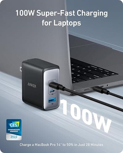Anker Nano 100W USB-C Charger, 3-Port Fast Compact GaN Charger for MacBook Pro/Air, Pixelbook, ThinkPad, Dell XPS, iPad Pro, iPhone 16 Series, Galaxy S23, and More (Black, 1 Pack & 1 Cable) thumbnail 2