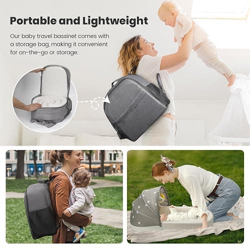 BNAKKON Travel Bassinet Portable Baby Bassinet, Baby Lounger for Newborn, Infant and Toddler, Suitable for Indoor & Outdoor Carrying, Mini Cribs Co Sleeper for Baby in Bed, Foldable Washable, Grey thumbnail 3