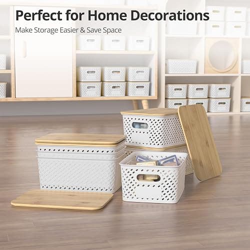 ZFTMRR Plastic Storage Bins with Bamboo Lids, Stackable Small Box Baskets for Organizing and Containers for Shelves Drawers Desktop Closet Pantry Classroom Office Home, 6 Pack 10.2x7.2x4.1 Inch, White thumbnail 2